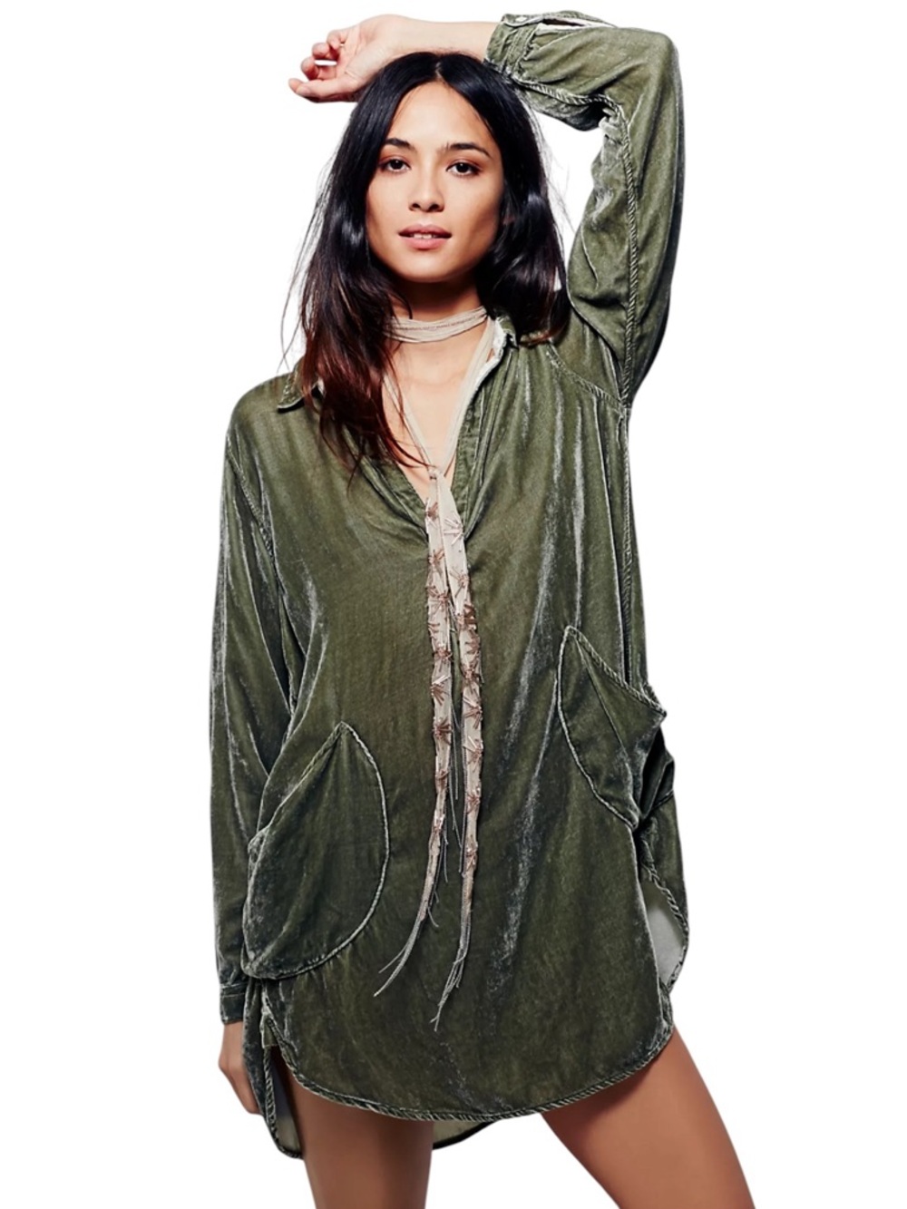 CP Shades Free People Velvet Mini Dress Olive Silk Blend Boho Pocket Shirt Small